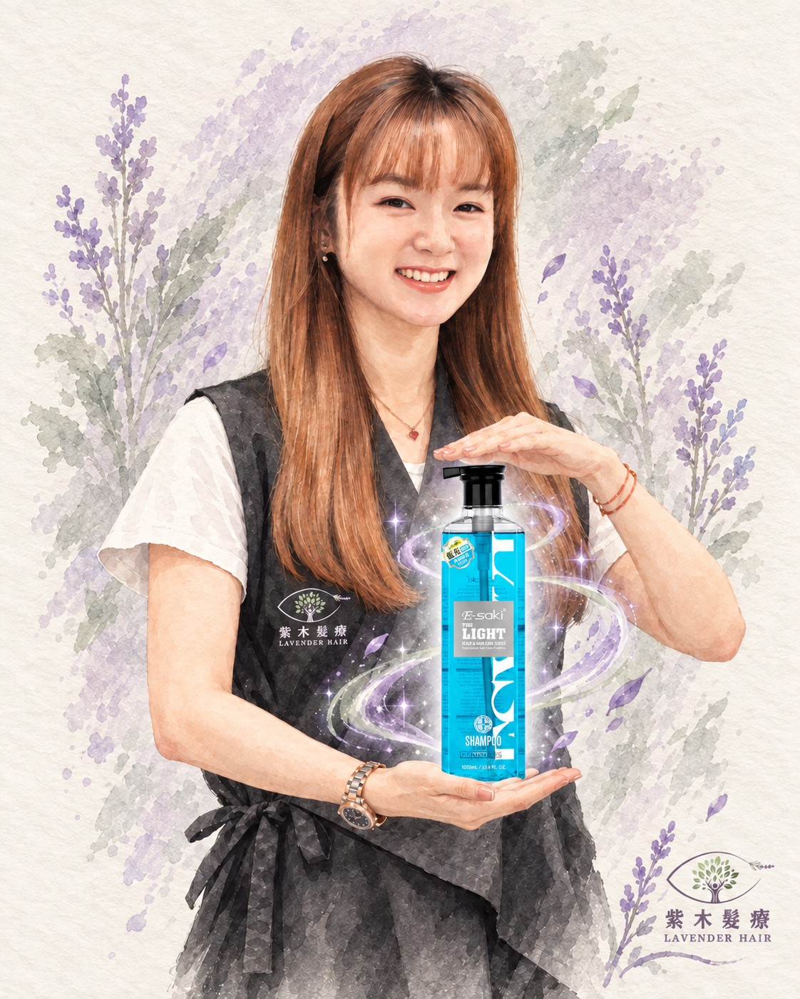 Lyric以水墨魔法手勢展示ESAKI藍光洗頭水1000 mL大支裝